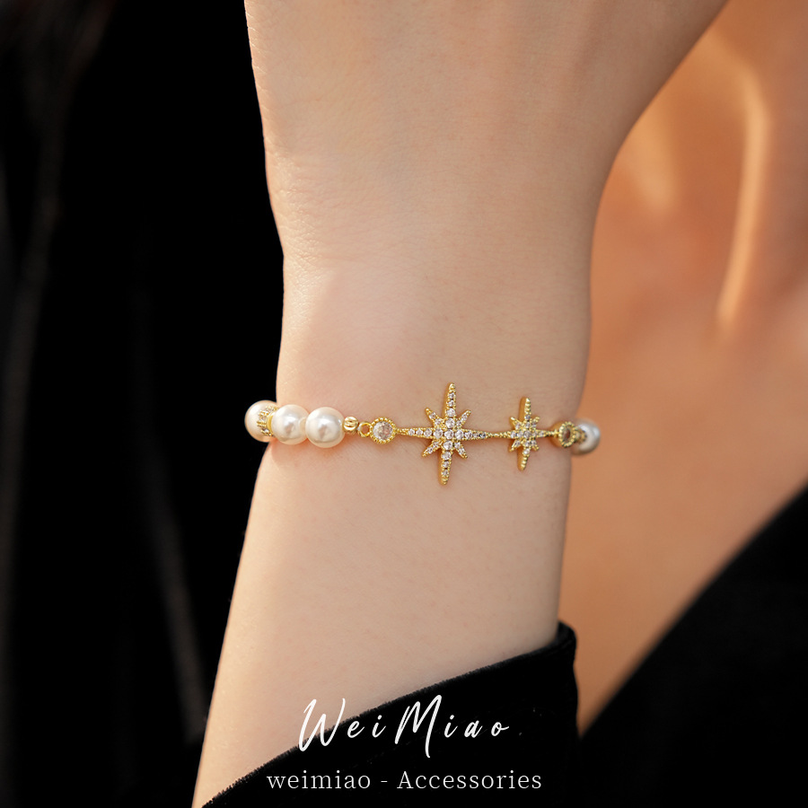 18 quilates de oro real chapado con cuentas zircon pulsera de perlas de manga ligera pulsera de nicho de lujo alta sensación de viento amplio image 5