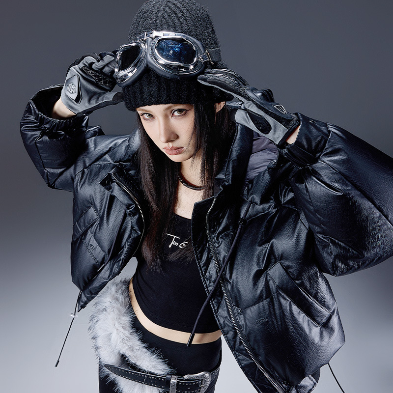 Trendy Pu Leather Glossy Short down Jacket for Women, Winter Loose Fit, Warm Hooded White Duck down Puffer Coat