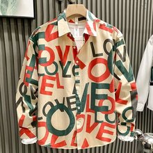 夏季男士衬衫韩版个性字母印花中袖衫男潮流青年时尚宽松休闲衬衣