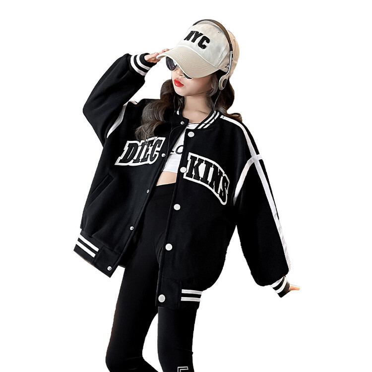 소녀용 코트 2023 년 봄 · 가을 신형 중대형 아동복 한국 루즈야구 세트 어린이 서양식 편지 카디건