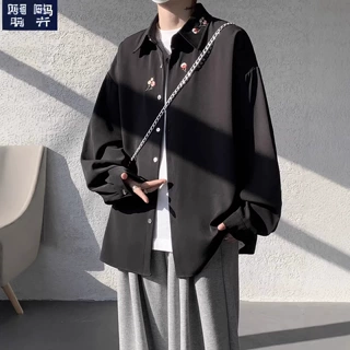 白色花卉刺绣polo衫长袖男2026春季高级感轻奢潮牌翻领美式衬衫