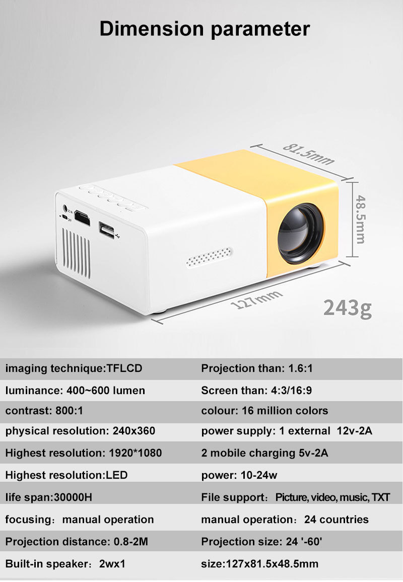 Taşınabilir LED Projektör Ev Mini HD 1080P Telefon Projektörü Açık Hava Mobil Sinema