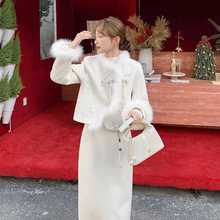新中式清冷绣花毛茸拼接毛呢羽绒服套装女2025冬新款半身裙两件套