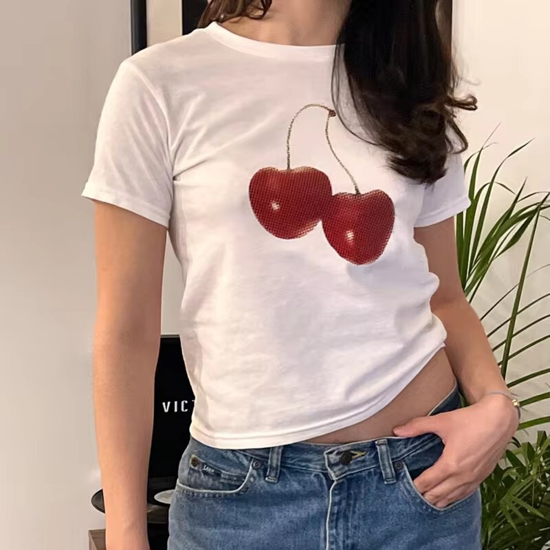 Cross-Border High Street Simple Ins Cute Cherry Print Short Right Shoulder Top Slim Round Neck Short-Sleeved T-Shirt Women's Clothing