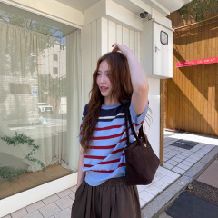 谬系撞色条纹短袖针织衫女秋季2025新款韩版简约百搭休闲t恤上衣
