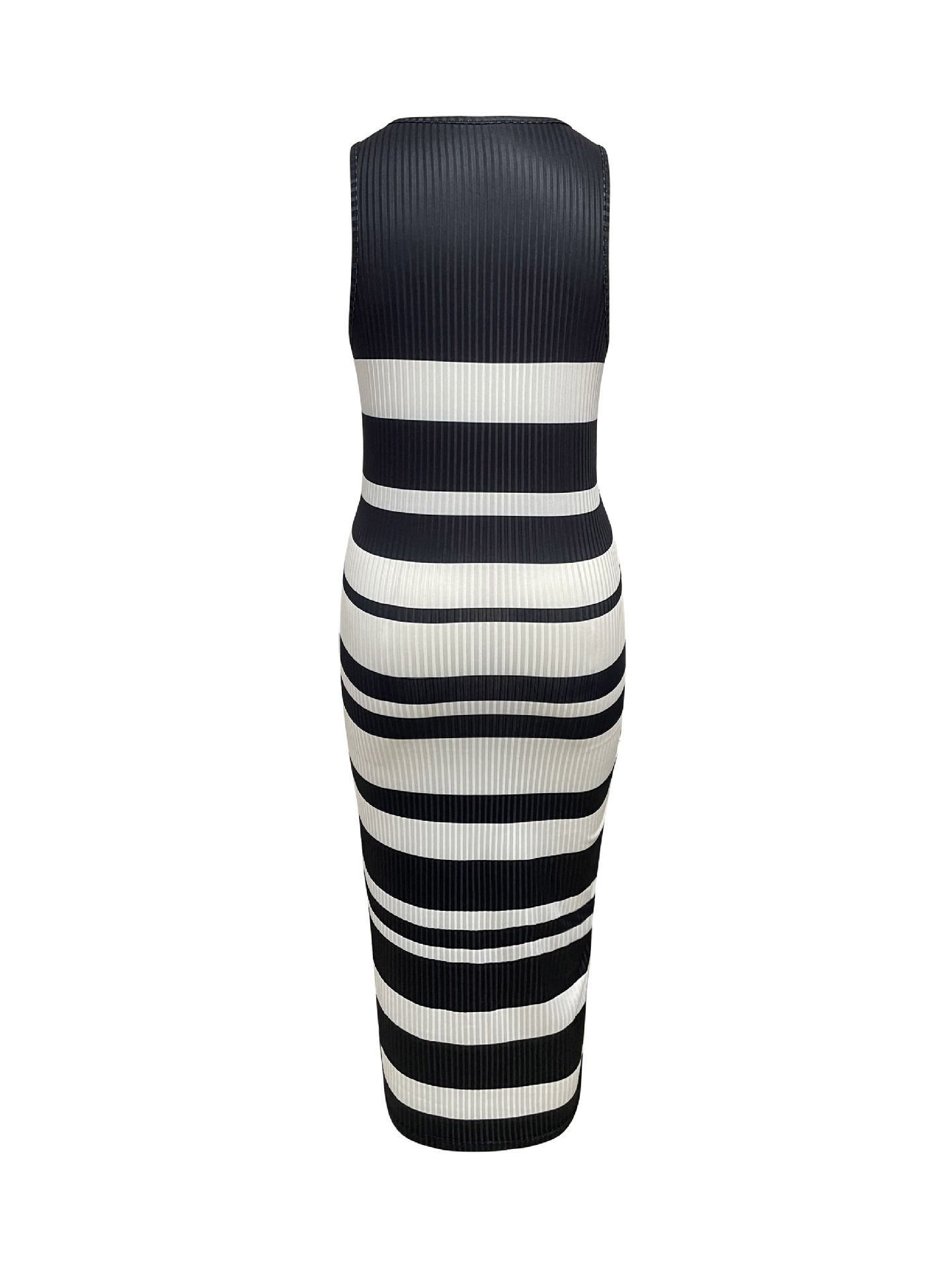 Women's Slim Fit Sleeveless Ribbed Stripe Print V-Neck Midi Dress For Casual & Office Wear Versatile Style Statement_ecoleips.com
