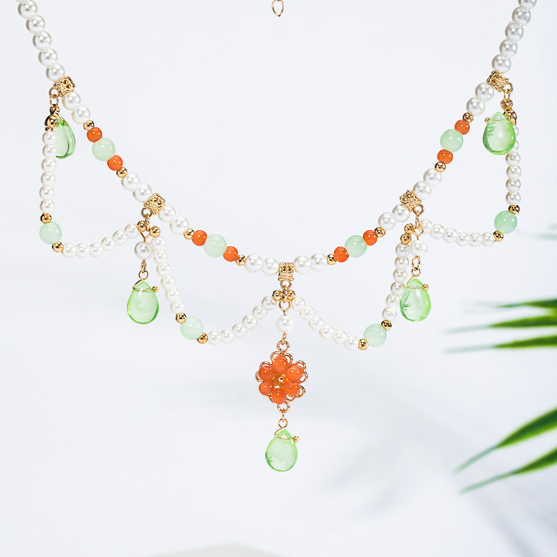 Hanfu necklace women's daily beautiful green water drop pendant ancient style jewelry accessories soft collar (TB14.9)