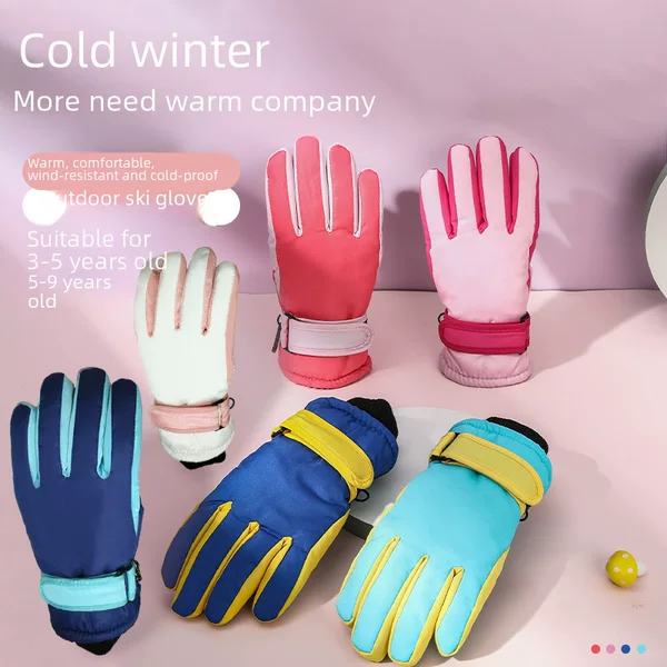 Cross-Border Professional Outdoor Sports Warm Gloves for Girls and Boys Aged 3-9, Fleece-Lined, Thickened, Windproof Children's Ski Gloves