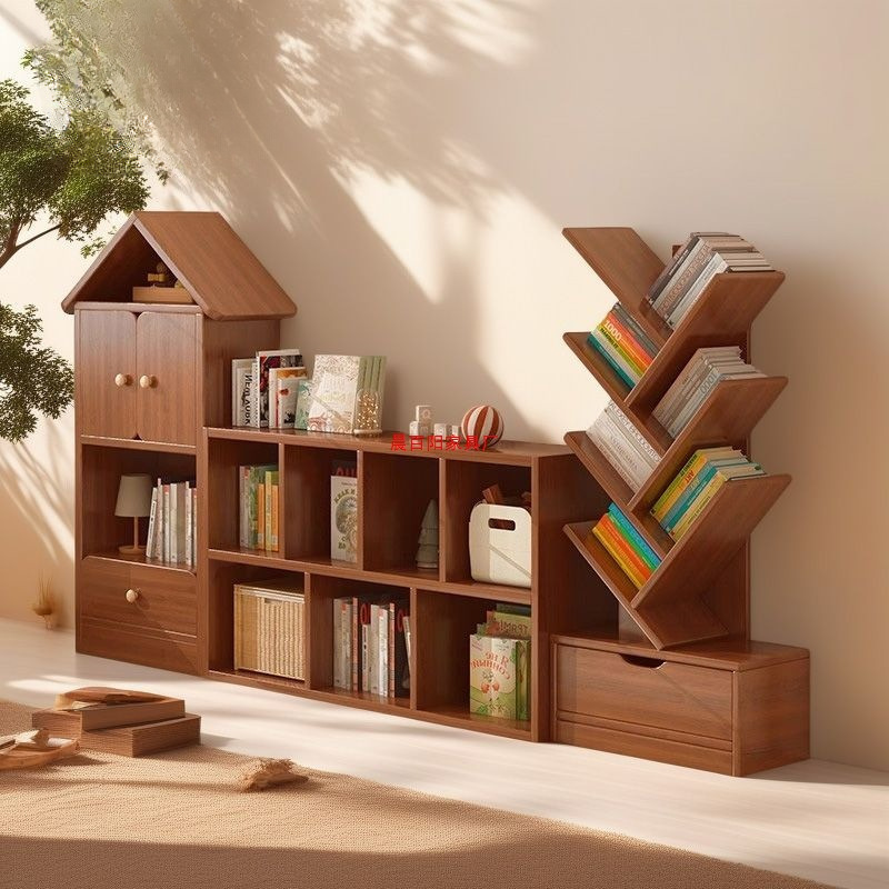 Children's Solid Wood Bookshelf Floor-Standing Storage Rack Integrated Wall-Mounted Living Room Kindergarten Children's Room Toy Book Storage Cabinet
