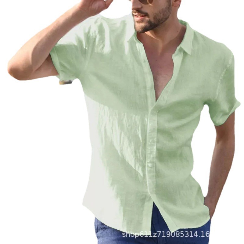 Comercio exterior transfronterizo 2023 Verano nuevos hombres de algodón y lino de color sólido cardigan suelta manga corta simple camisa casual al por mayor