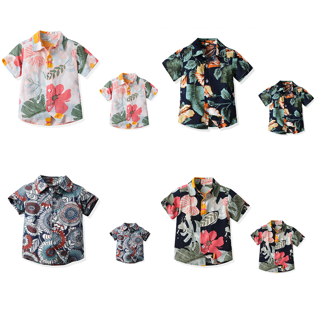 Camisas de comercio exterior para niños Cárdigan de solapa de flores de manga corta de verano 2025 para niños, tops de algodón casuales de todo fósforo, nueva ropa