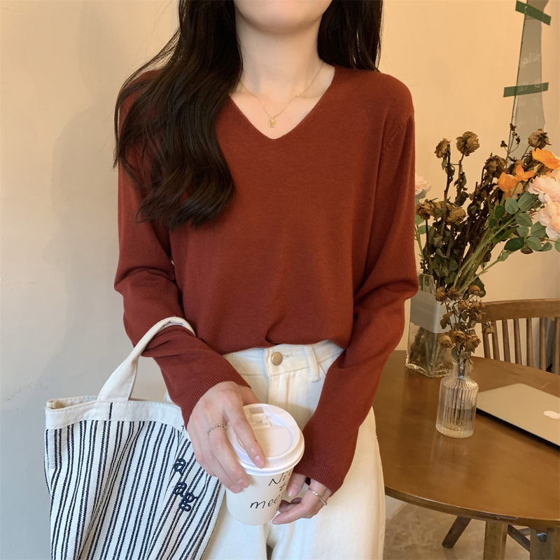春秋冬季2025新款韩版长袖V领套头内搭打底针织衫女宽松毛衣上衣|undefined