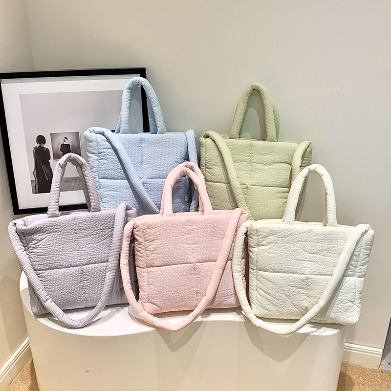 High quality texture tote bag nylon cotton bag large capacity shoulder messenger bag soft plaid handbag down bag_voghion.com