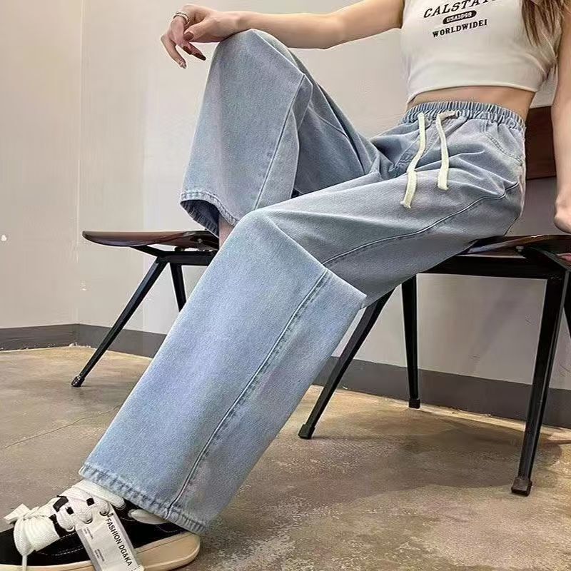 Light Blue Elastic Waist Women's Jeans, High-Waisted, Leg-Lengthening, Loose Straight Pants, Casual Wide-Leg Pants, Korean Style Light Blue Elastic Waist Women's Jeans, High-Waisted, Leg-Lengthening, Loose Straight Pants, Casual Wide-Leg Pants, Korean Style
