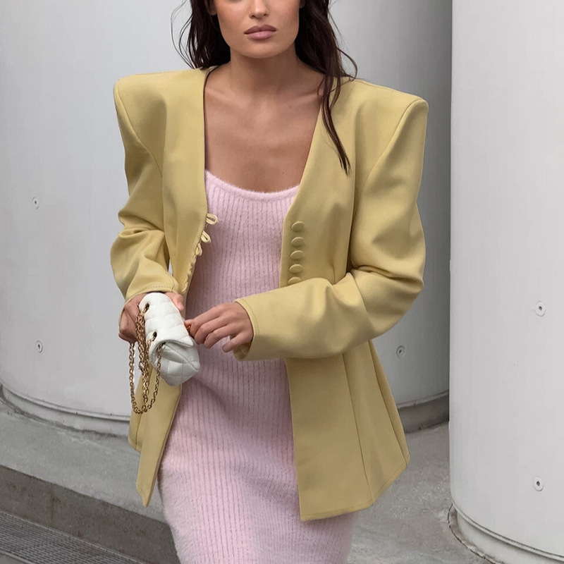 Spring and Autumn European and American Cross-Border Commuter Women's Fashion Niche Design Structured V-Neck Buttoned Waist-Cinching Blazer for Women Spring and Autumn European and American Cross-Border Commuter Women's Fashion Niche Design Structured V-Neck Buttoned Waist-Cinching Blazer for Women