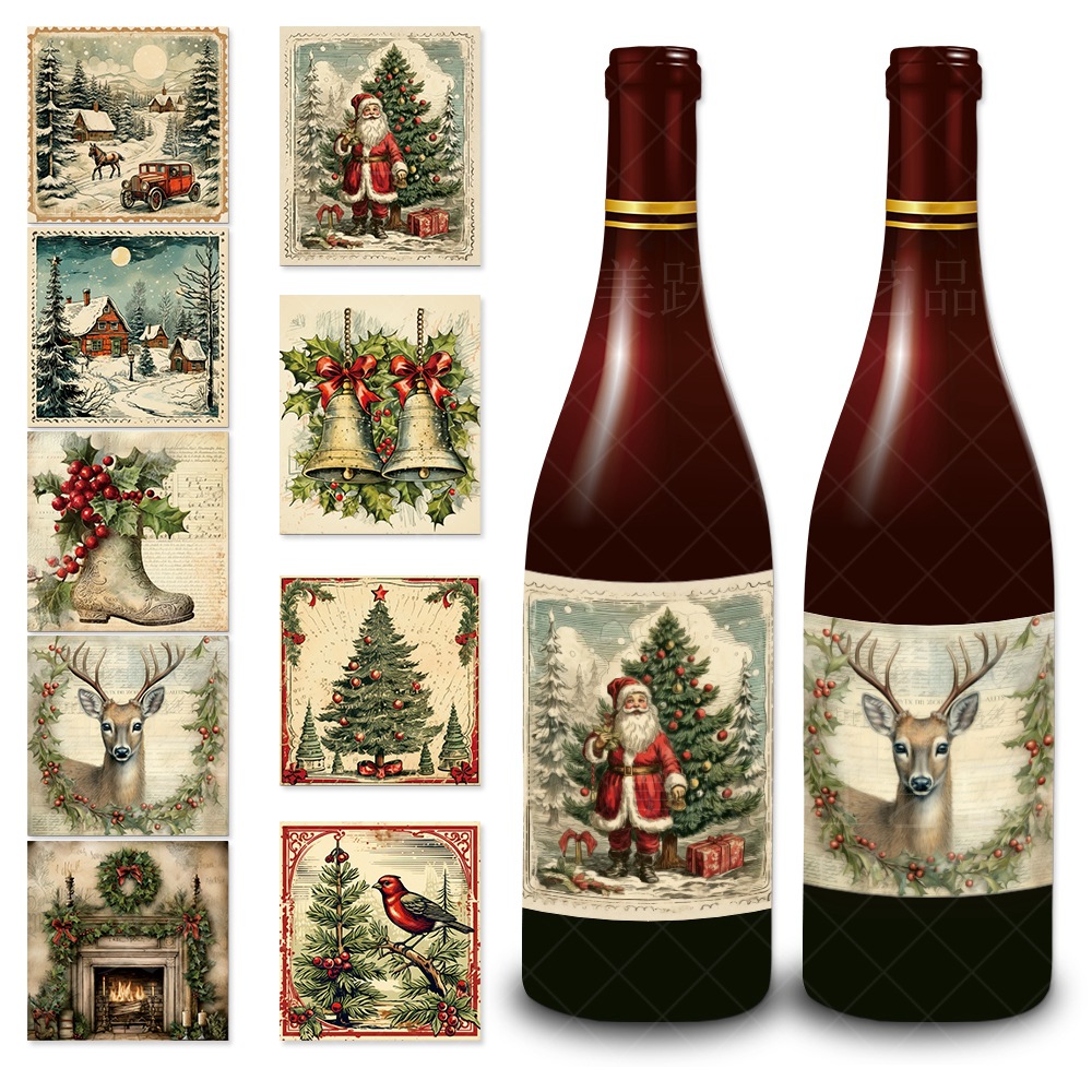Nuevo tema retro FIESTA DE Navidad decoración botella de vino pegatinas invierno Navidad decoración pegatinas adhesivas