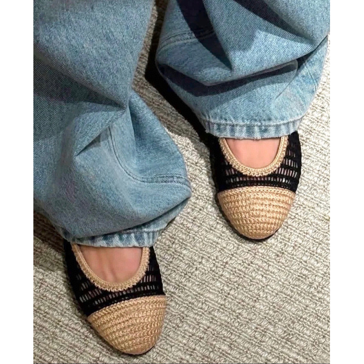 Tweed Style New Color-Blocked Straw Mesh Sandals for Women Spring and Summer Cut Out Flats Ballet Shoes Mary Jane Shoes