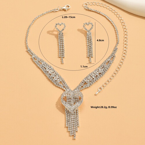 Cross-border European and American wedding photography studio bride's assembly accessories with sparkling full diamond three-layer heart tassel necklace/earring set