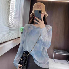 蓝色扎染冰丝长袖防晒T恤空调衫女夏季高级感气质外搭罩衫上衣薄