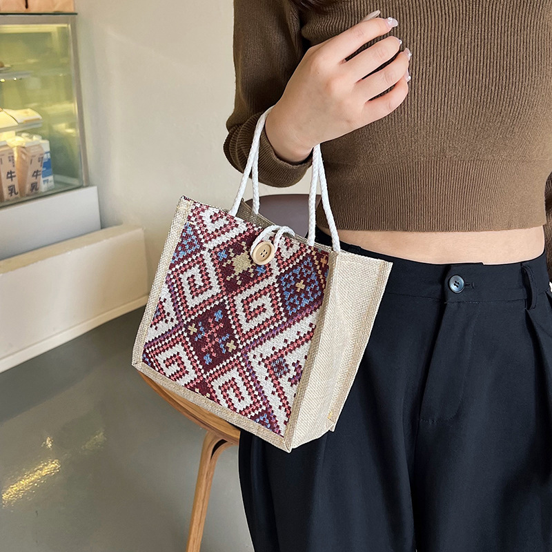 Bolso de lona de estilo étnico para mujer, nueva moda de verano, lonchera de lino portátil, bolso bento, bolso de mamá