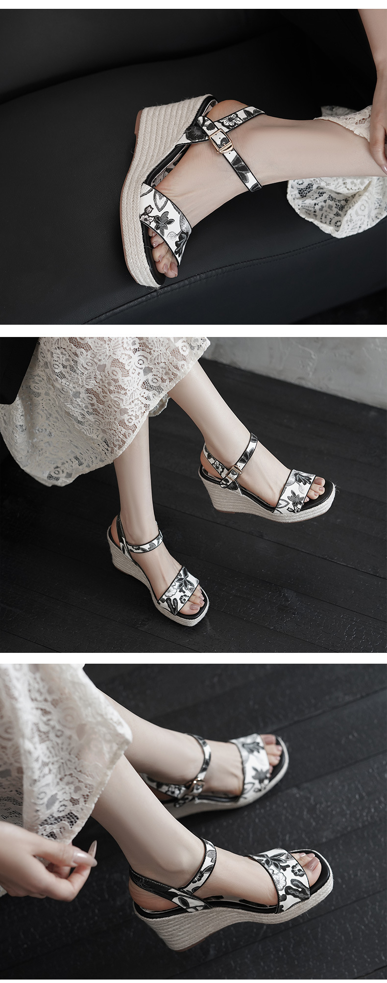 Sandal nữ hở mũi gót nêm cao 7 cm đế cói in hoa boho — màu đen, màu trắng chi tiết 5