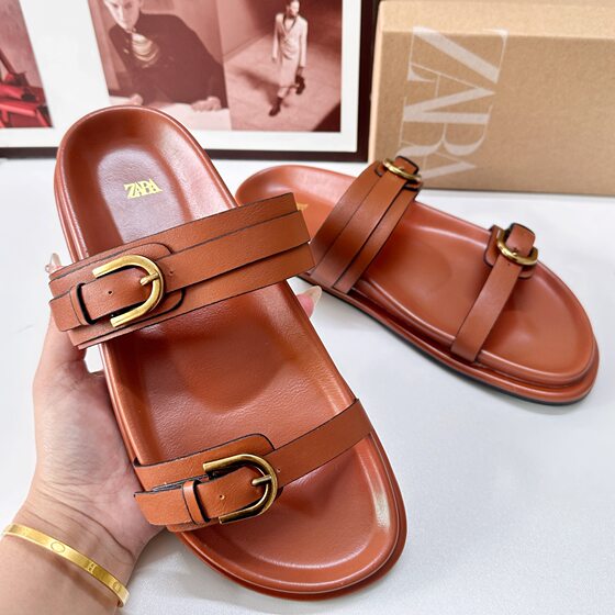ZA Summer New Product 2024 One-line Back Empty Women's Shoes Black Buckle Breathable Round Toe Fashion Flats Sandals