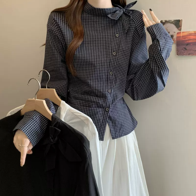 2025年秋季新款大码女装设计感领结衬衫胖不规则褶皱上衣女