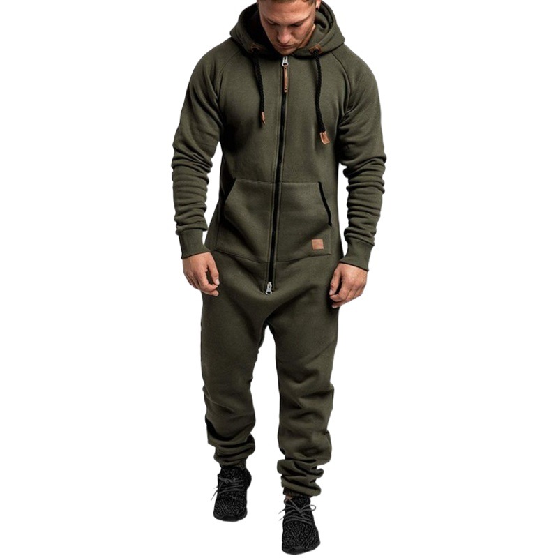 Nuevo comercio exterior de los hombres con capucha fleece jumpsuit color sólido a juego casual traje mono