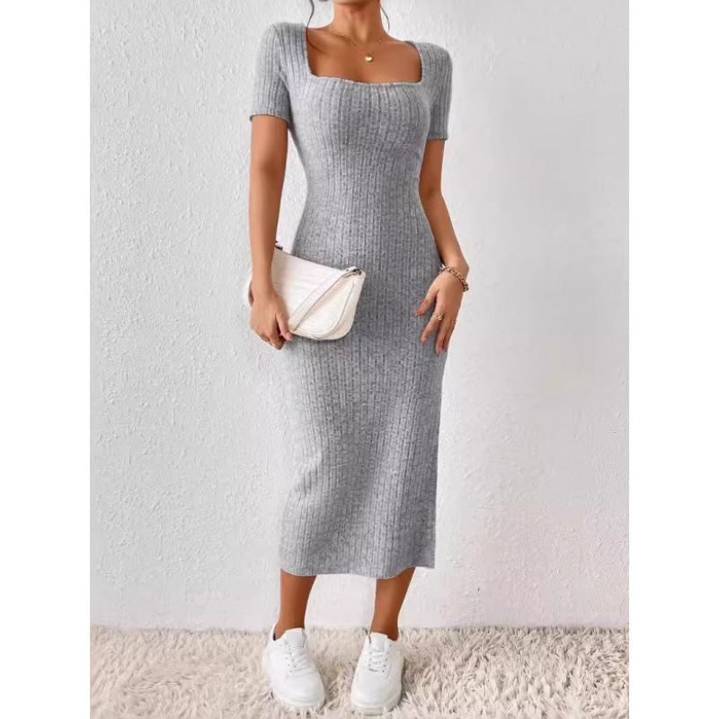Summer New Cross-Border Women's Fashion Square Neck Sexy Slim Slit Hip-Hugging Dress for Women European and American Foreign Trade Soft and Waxy