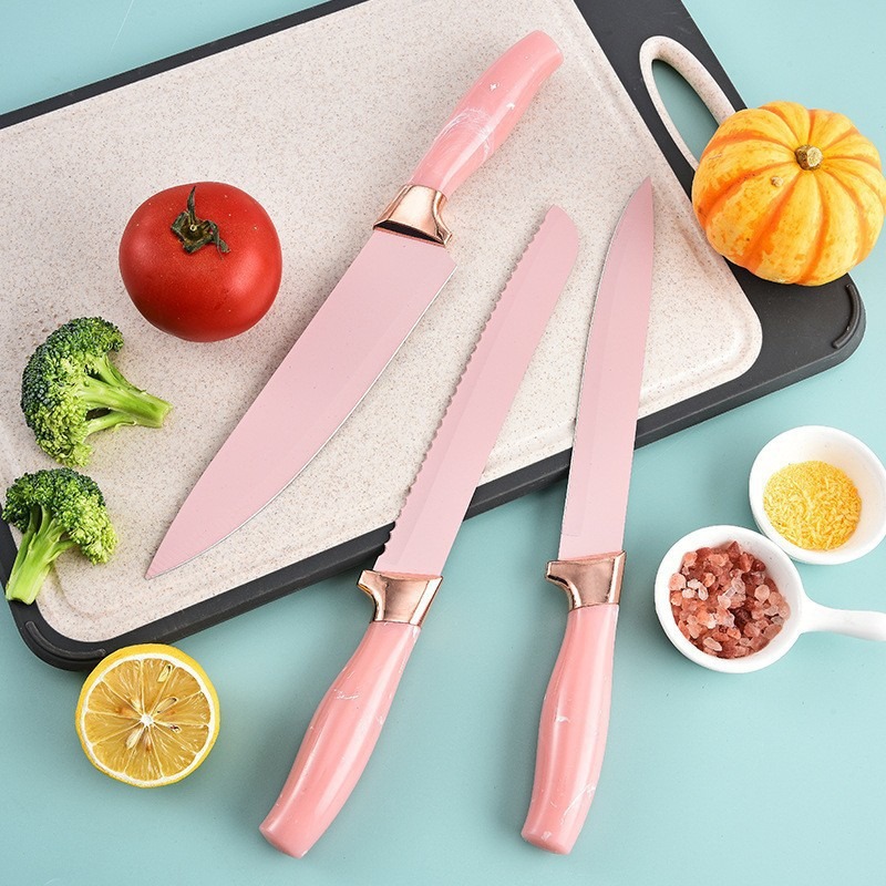 Venta caliente de comercio exterior Mango de patrón de nube de flujo Soporte de dibujos animados de acrílico creativo Juego de cuchillos de cocina de acero inoxidable de seis piezas