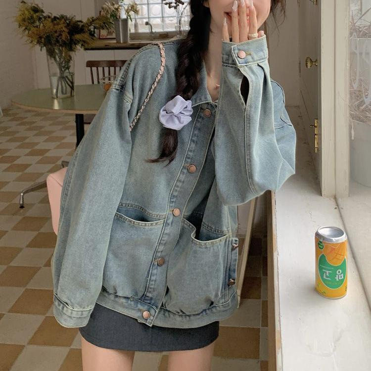 Áo khoác denim nữ dáng rộng phong cách retro, tay dài cổ ve áo — màu xanh denim