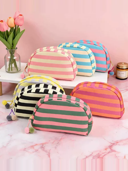 2026 New Cross-Border Striped Shell Makeup Bag Large Capacity Portable Travel Toiletry Storage Bag