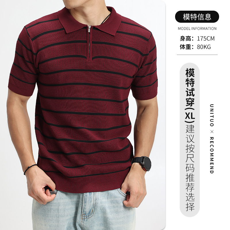 Camiseta de polo de punto a rayas horizontales de alta calidad, semia cremallera, texturizada, camiseta de mangas cortas de viaje de negocios para hombres