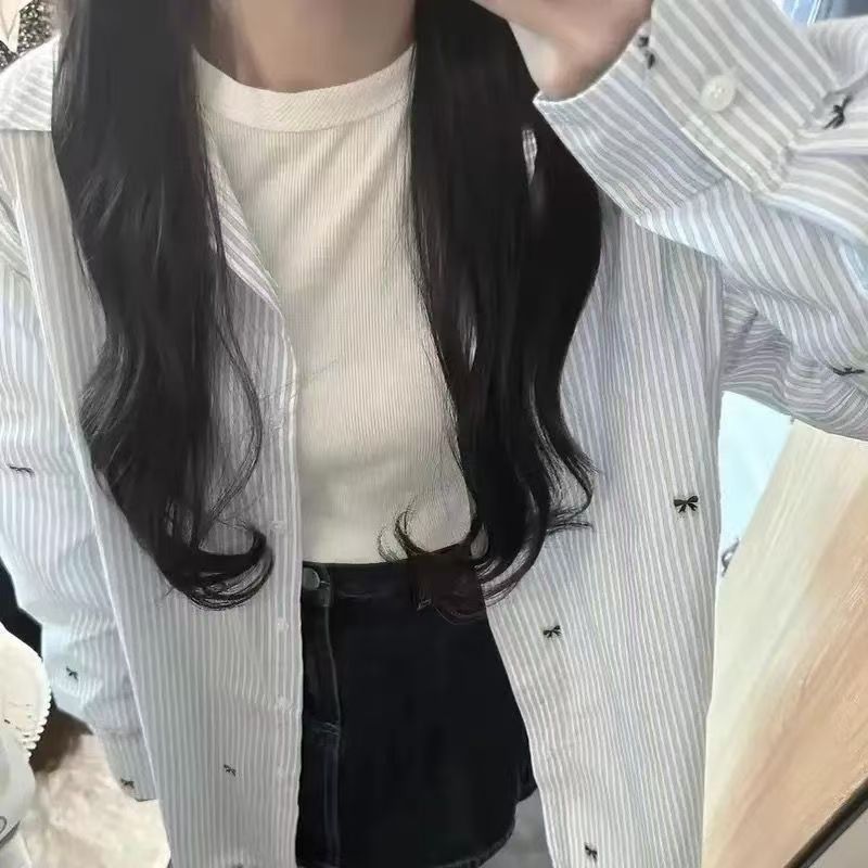 竖条纹樱桃刺绣棉质衬衫女春款防晒外套休闲宽松百搭开衫上衣严选|undefined
