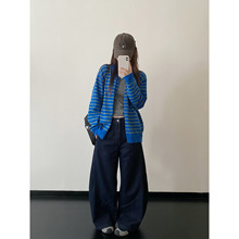 复古韩系撞色条纹针织开衫女2025早秋新款宽松百搭休闲上衣外套