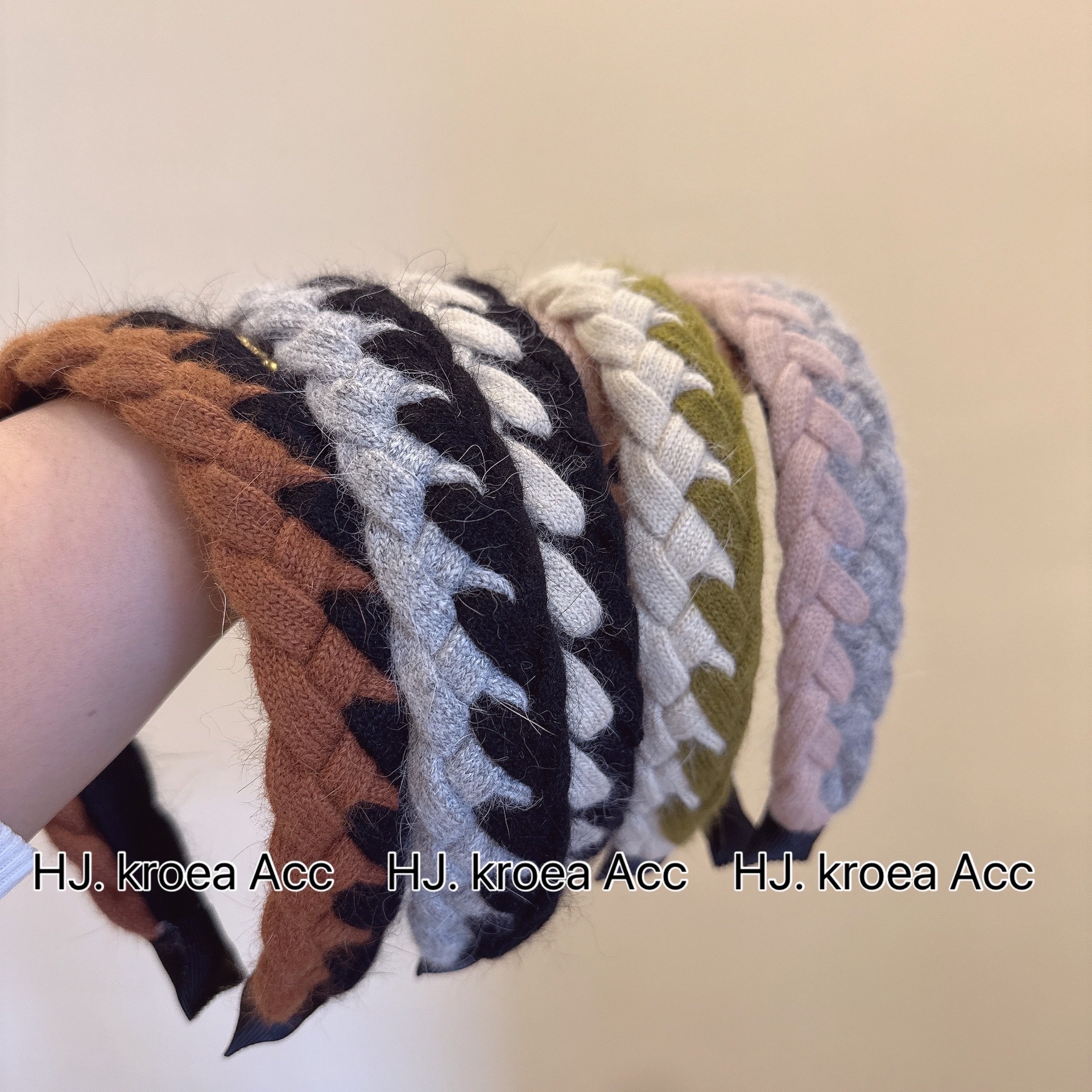 韓國版~羊絨毛線針織小香風拼色手工麻花編織減齡氣質頭箍發卡女