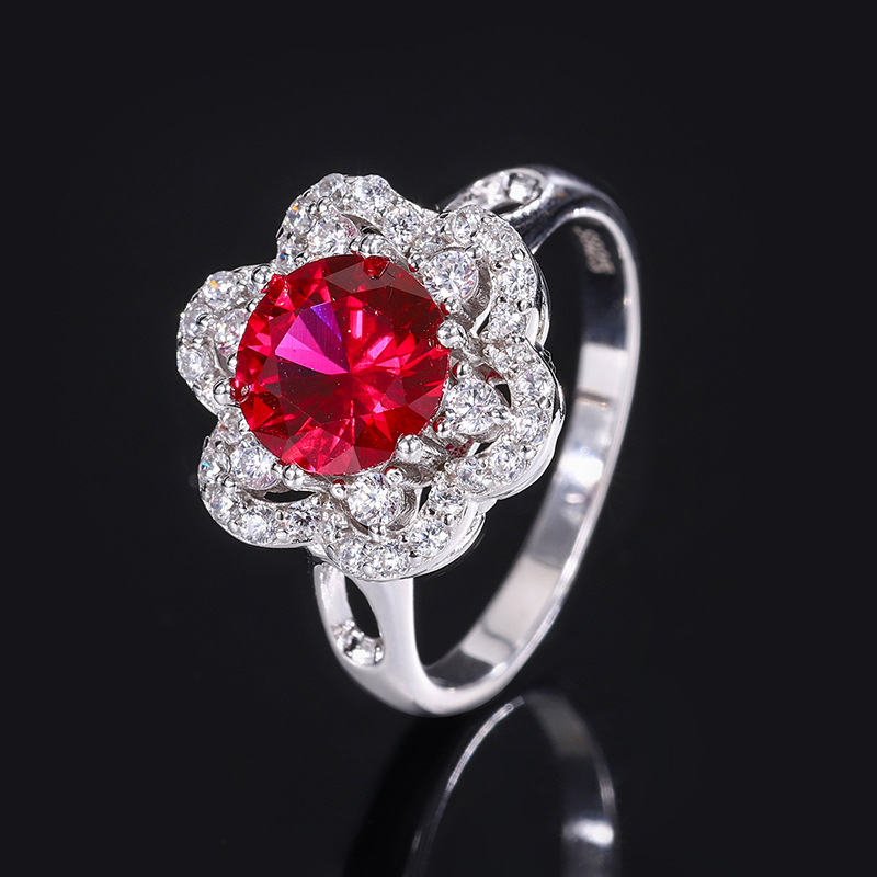 Zhuang Sheng joyería S925 joyería de plata simulación rojo zafiro redondo nicho traje conjuntos de piedra principal 8mm-6mm