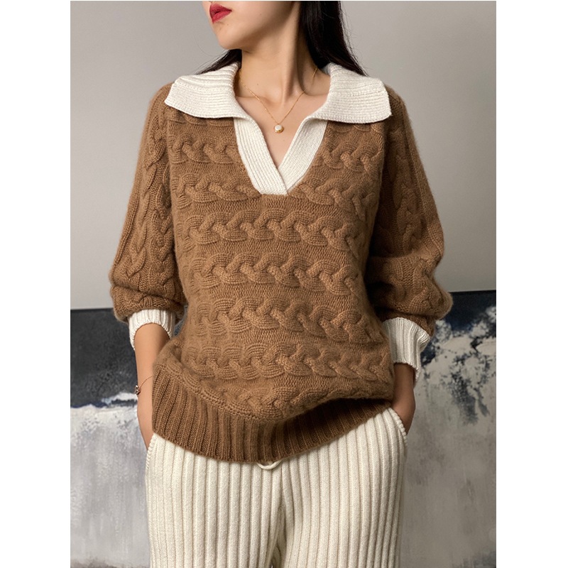 Lapel Contrast Color Twist Thickeneded Wool Top European Station Large Version Loose Sweater for Women Soft and Comfortable Feel