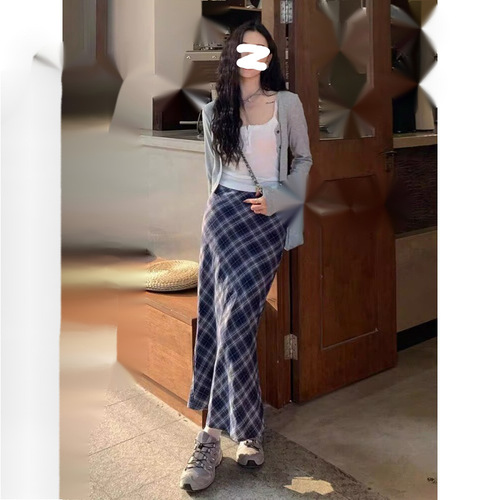 Plus Size Women's Grid Semi-Skirt, Plaid Autumn/Winter Long Skirt Over Knee A-Line Skirt, Stylish Youthful Women's Skirt