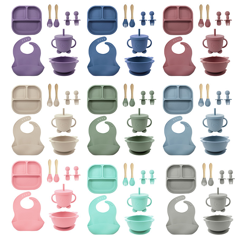Juego de vajilla para niños suplemento de alimentos para bebés placa tenedor babero silicona británico compartimiento resistente a la caída comer lechón tazón
