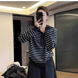 韩版休闲风连帽条纹长袖针织衫女秋冬2025新款慵懒感百搭打底上衣