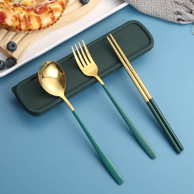Juego de vajilla de acero inoxidable palillos del hogar cuchara coreana tenedor estudiante viaje al aire libre vajilla portátil de tres piezas