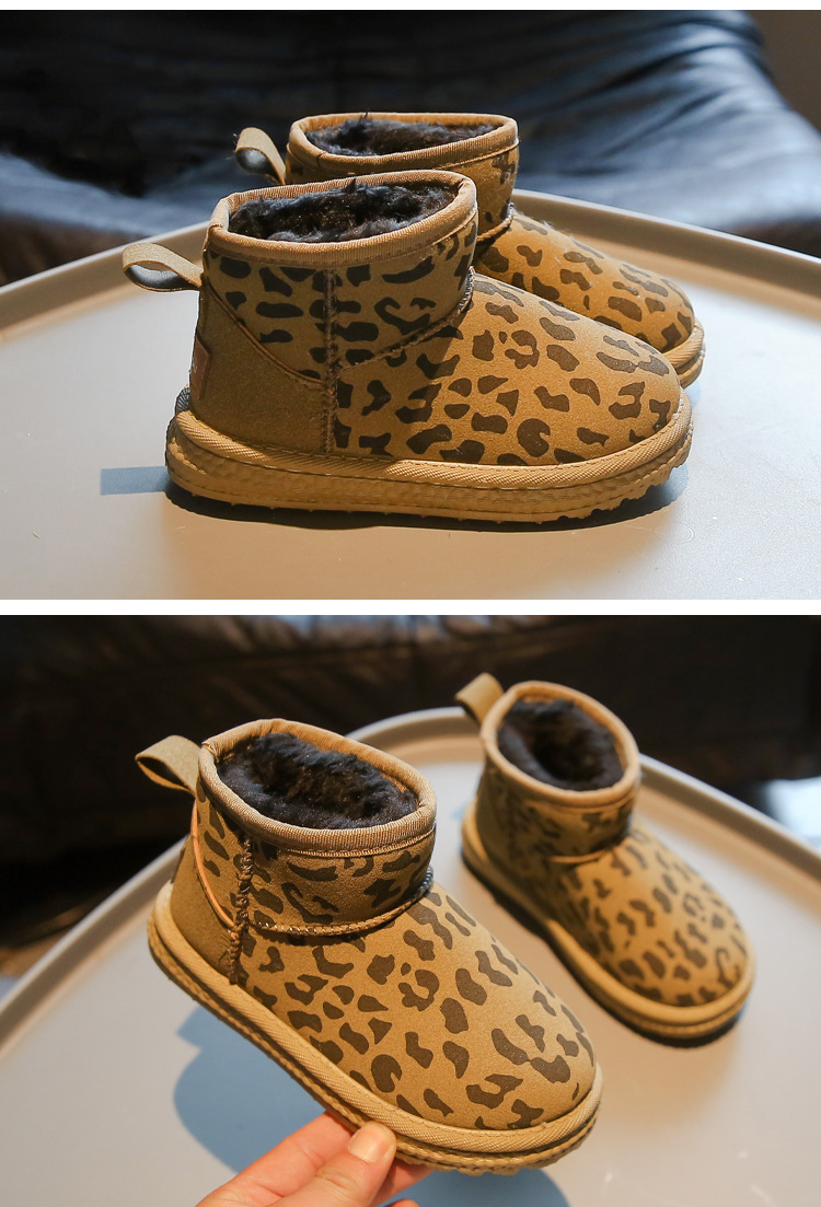 Children's leopard print snow with thick fleece and warm soft sole, medium to children's winter boys' large shoes,_voghion.com