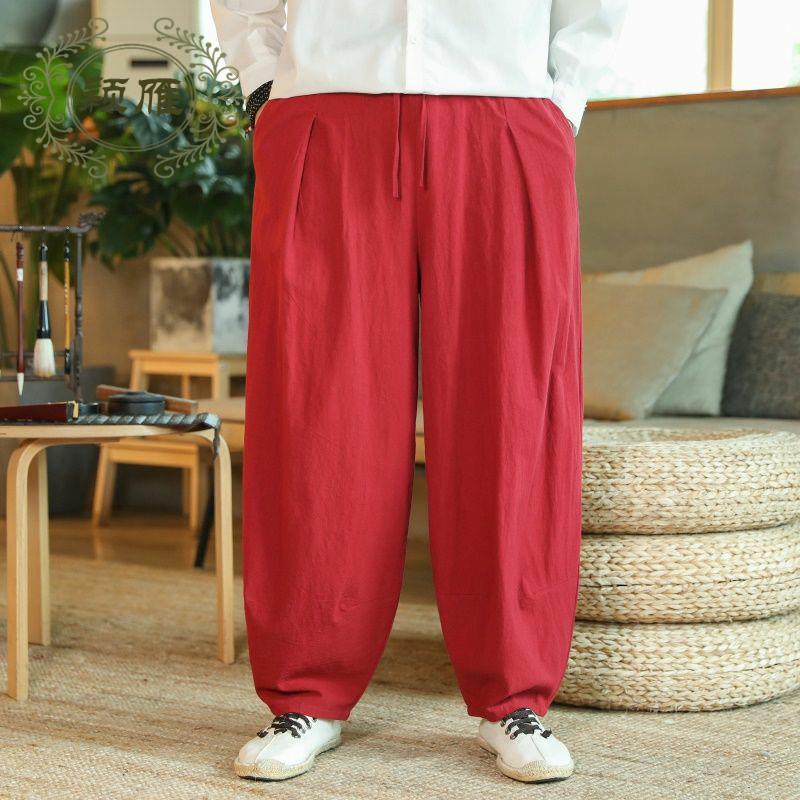 Pantalones de lino hombres sueltos de gran tamaño estilo chino primavera y verano gordo gran entrepierna linterna pantalones casuales pantalones harem pantalones anchos de algodón y lino
