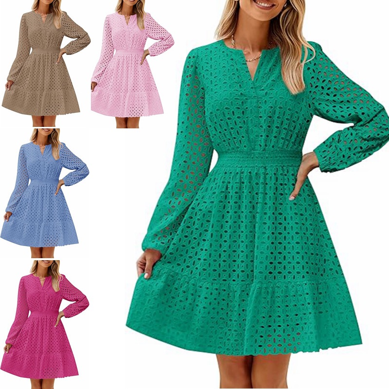 2024 European and American Export Cross-Border Women's Clothing Amazon Hot Style V Neck Cut Out Hole Embroidered Pleated Long-Sleeved Dress