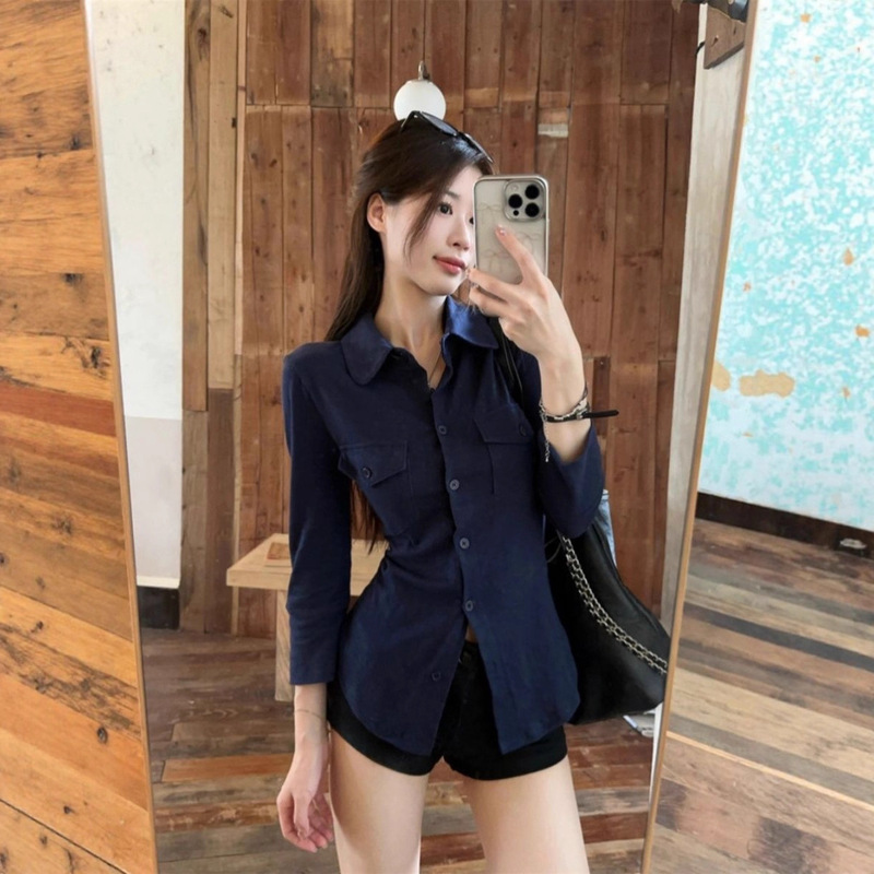 2025 Korean Style Slim Cross-Border Export Sexy Lapel Long-Sleeved Shirt Waist Strap Shirt White Cardigan Top 2025 Korean Style Slim Cross-Border Export Sexy Lapel Long-Sleeved Shirt Waist Strap Shirt White Cardigan Top