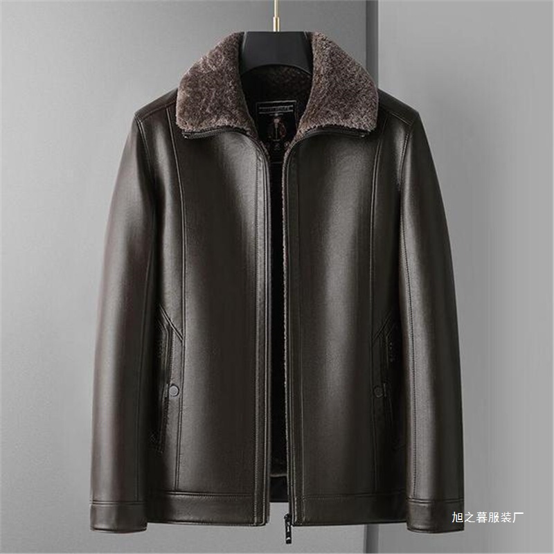 New Style Men's Leather Jacket with Fur Lining, Thickened and Fleece-Lined, Large Size, Casual Dad-Style Leather Jacket