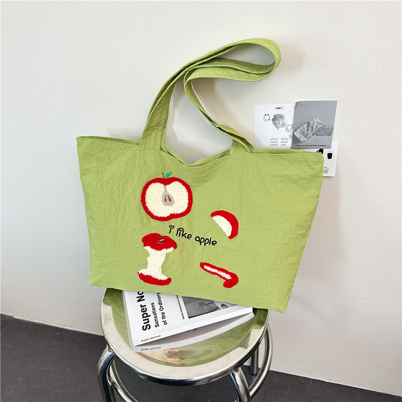 New Foreign Trade Style Green Apple Embroidered Large-Capacity Shoulder Bag, Korean Version Versatile Tote Bag, Lazy Style Cloth Bag Wholesale New Foreign Trade Style Green Apple Embroidered Large-Capacity Shoulder Bag, Korean Version Versatile Tote Bag, Lazy Style Cloth Bag Wholesale
