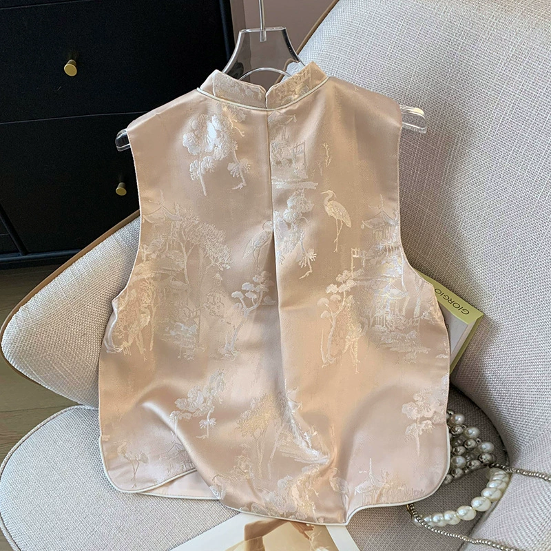 2025 новый жилет в китайском стиле с воротником-стойкой, жаккардовый жилет золотистого цвета с пряжкой, женский жилет без рукавов в национальном стиле, верхняя одежда с застежкой-крючком