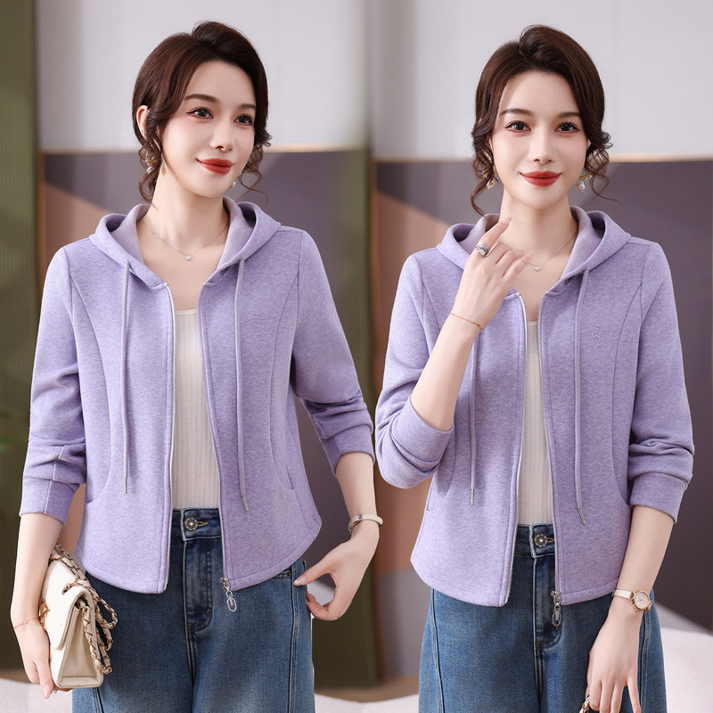 Drawstring hooded fashionable casual jacket for women, 2026 autumn new style, chic mom outfit, short cardigan sweatshirt